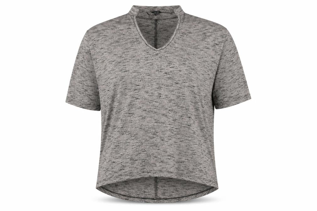Front view of New Look Women's Grey V-Neck 3/4 Sleeve Knit Top