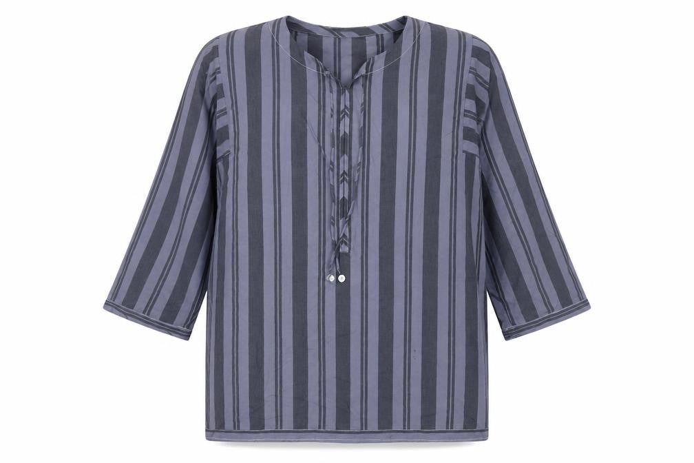 Front view of Khaadi Women’s Grey Striped Tunic Blouse, size UK 12