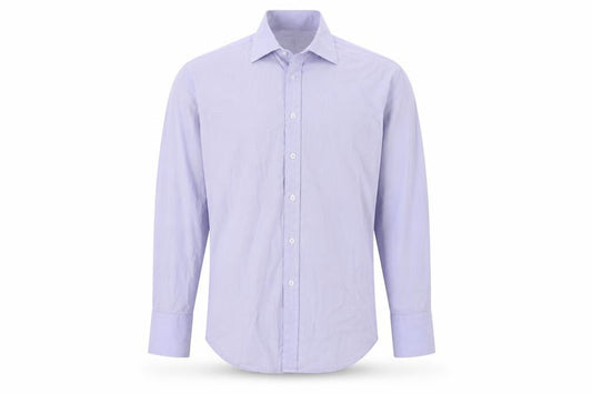 Front view of John Francomb Men's Classic Blue Pinstripe Dress Shirt