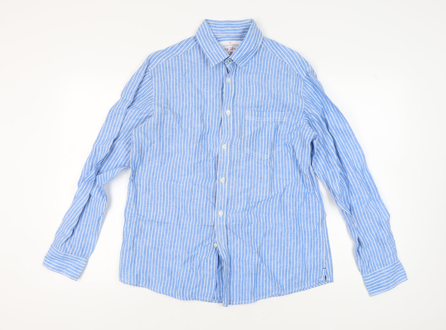 Marks and Spencer Men's Blue Striped Linen Shirt M