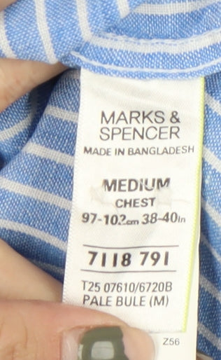 Marks and Spencer Men's Blue Striped Linen Shirt M