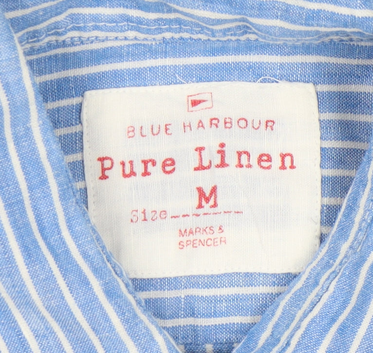 Marks and Spencer Men's Blue Striped Linen Shirt M