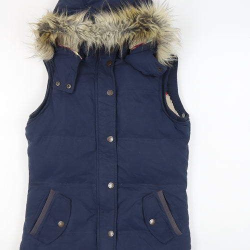 Fat Face Women's Blue Fur Trim Hooded Puffer Waistcoat Size 8