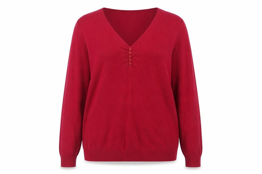 Front view of Heine Women's Red V-Neck jumper, size 20