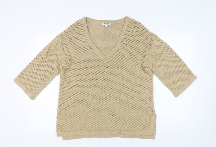 Jaeger Women's Beige V-Neck Open-Knit Jumper M