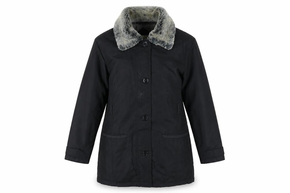 Front view of Dorothy Perkins Women's Black Fur Trim Coat, size 12