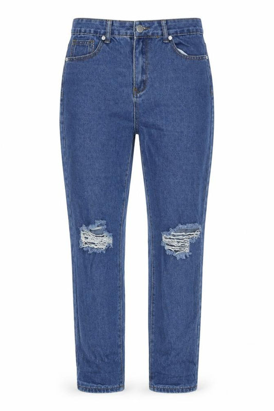 Front view of Boohoo Women's Blue Mom Jeans, size 12, Distressed