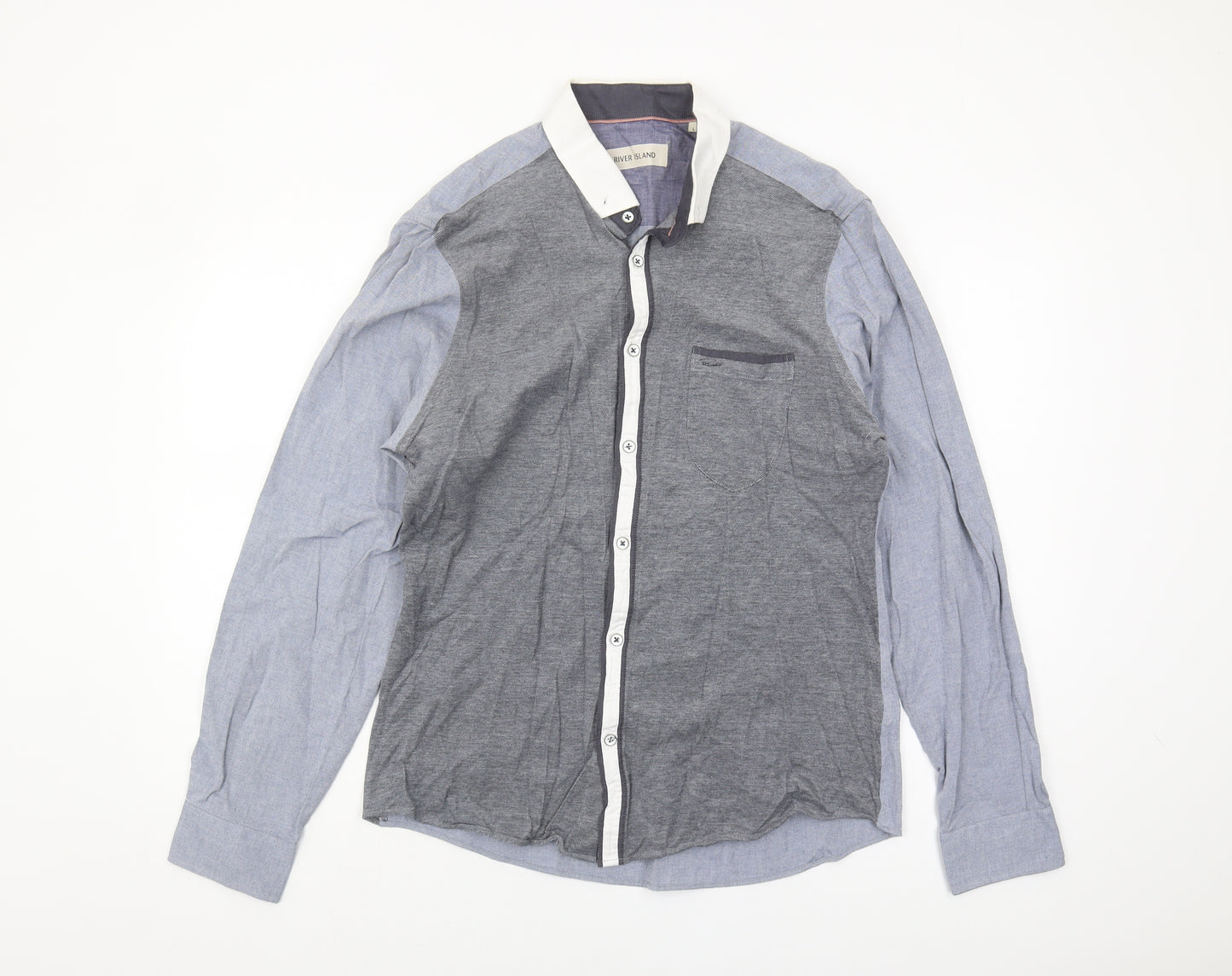 River Island Men's Grey Colourblock Button-Up Shirt L
