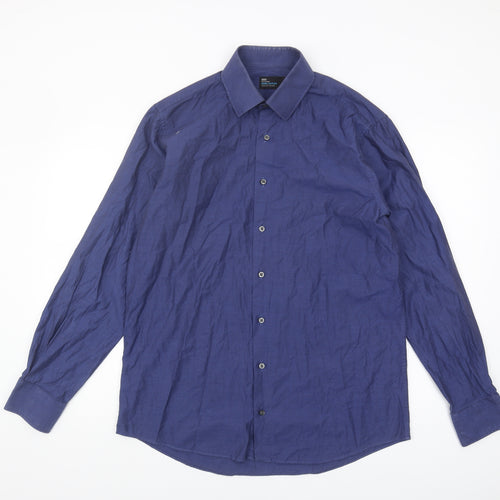 Marks and Spencer Men's Blue Long Sleeve Shirt 15.5 Slim Fit