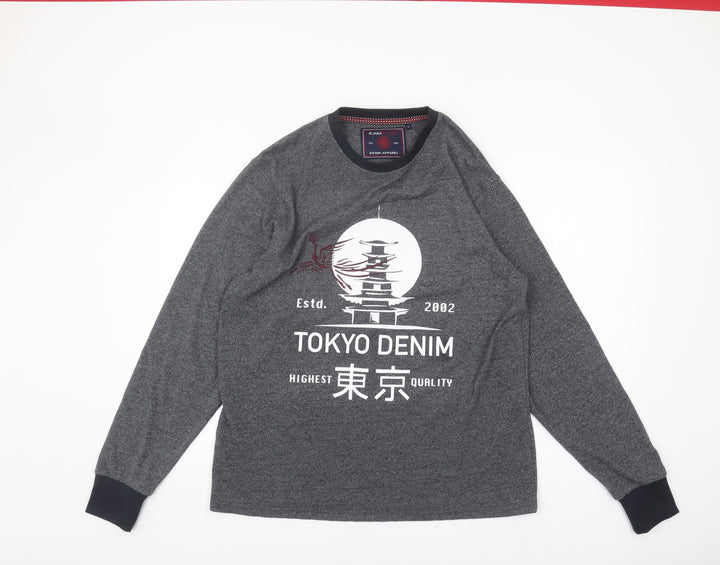 KAM Jeans Men's Grey City Graphic Long Sleeve T-Shirt L