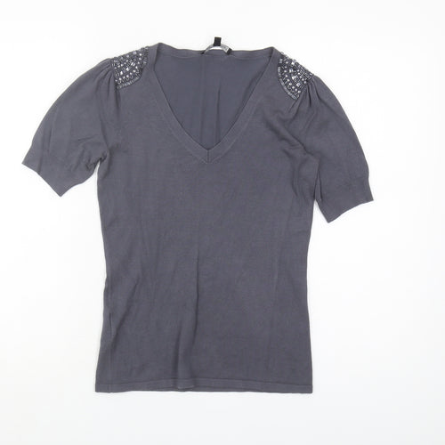 Laura Ashley Womens Grey Beaded V-Neck Knit Top UK 8