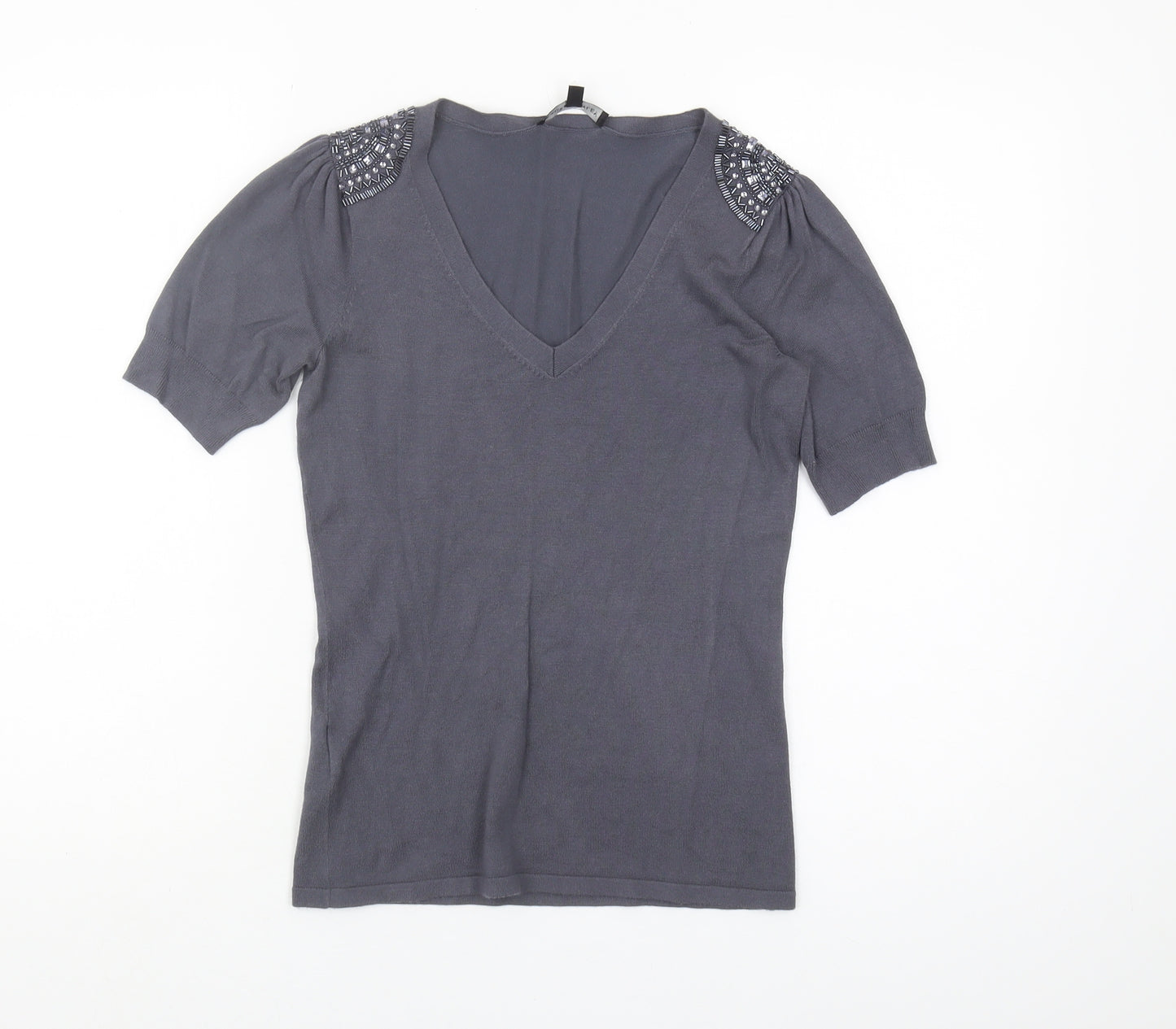 Laura Ashley Womens Grey Beaded V-Neck Knit Top UK 8