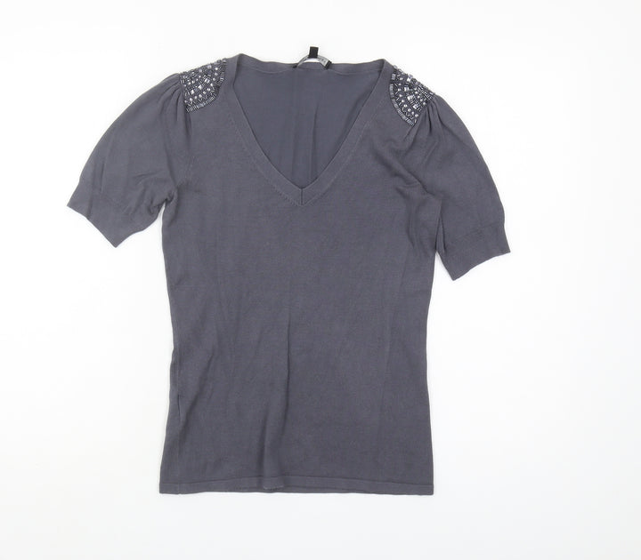 Laura Ashley Womens Grey Beaded V-Neck Knit Top UK 8