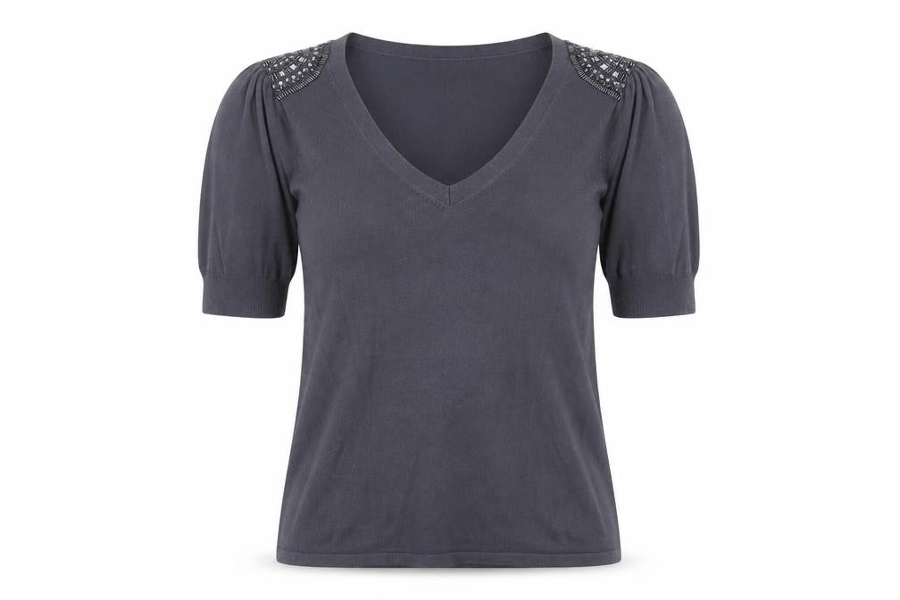 Laura Ashley Womens Grey Beaded V-Neck Knit Top UK 8