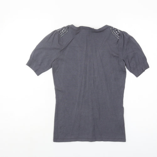 Laura Ashley Womens Grey Beaded V-Neck Knit Top UK 8