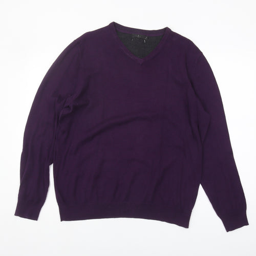 Jeff Banks Men's Purple V-Neck Cotton Jumper Medium