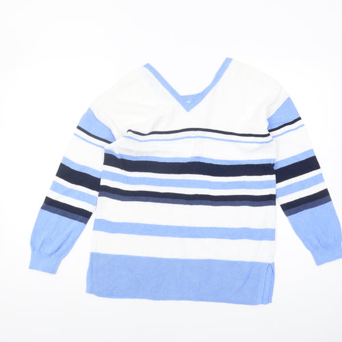 Laura Ashley Women's Blue Striped V-Neck Jumper UK 12