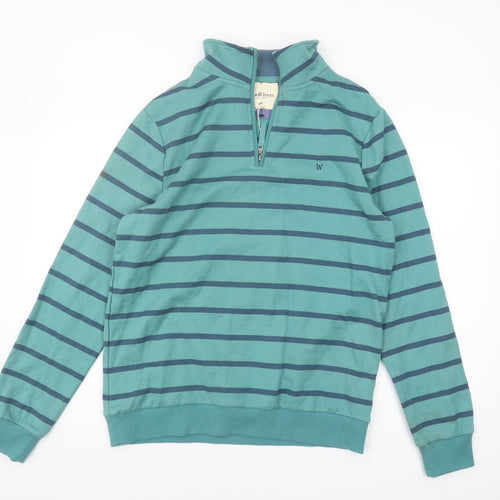 WoolOvers Mens Green Cotton Striped 1/4 Zip Sweatshirt M