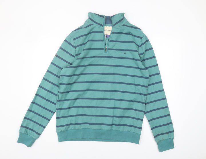 WoolOvers Mens Green Cotton Striped 1/4 Zip Sweatshirt M