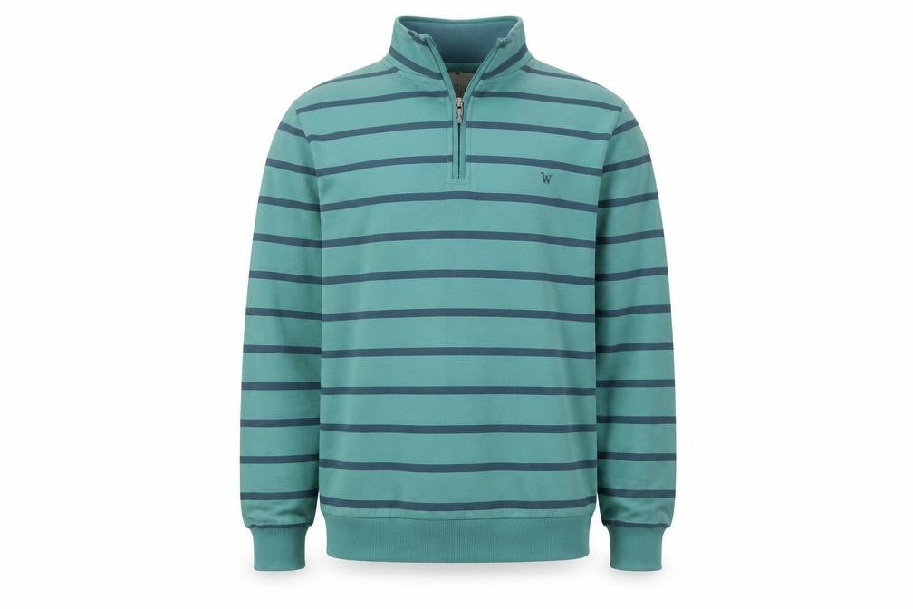 Front view of WoolOvers men’s green cotton striped 1/4 zip sweatshirt m