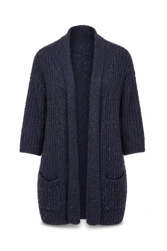 Front view of FatFace Women's Blue Cable-Knit Open Front Cardigan, size 8