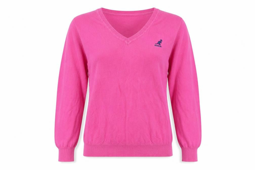 Front view of Kangol Women's Pink V-Neck Jumper, size 12