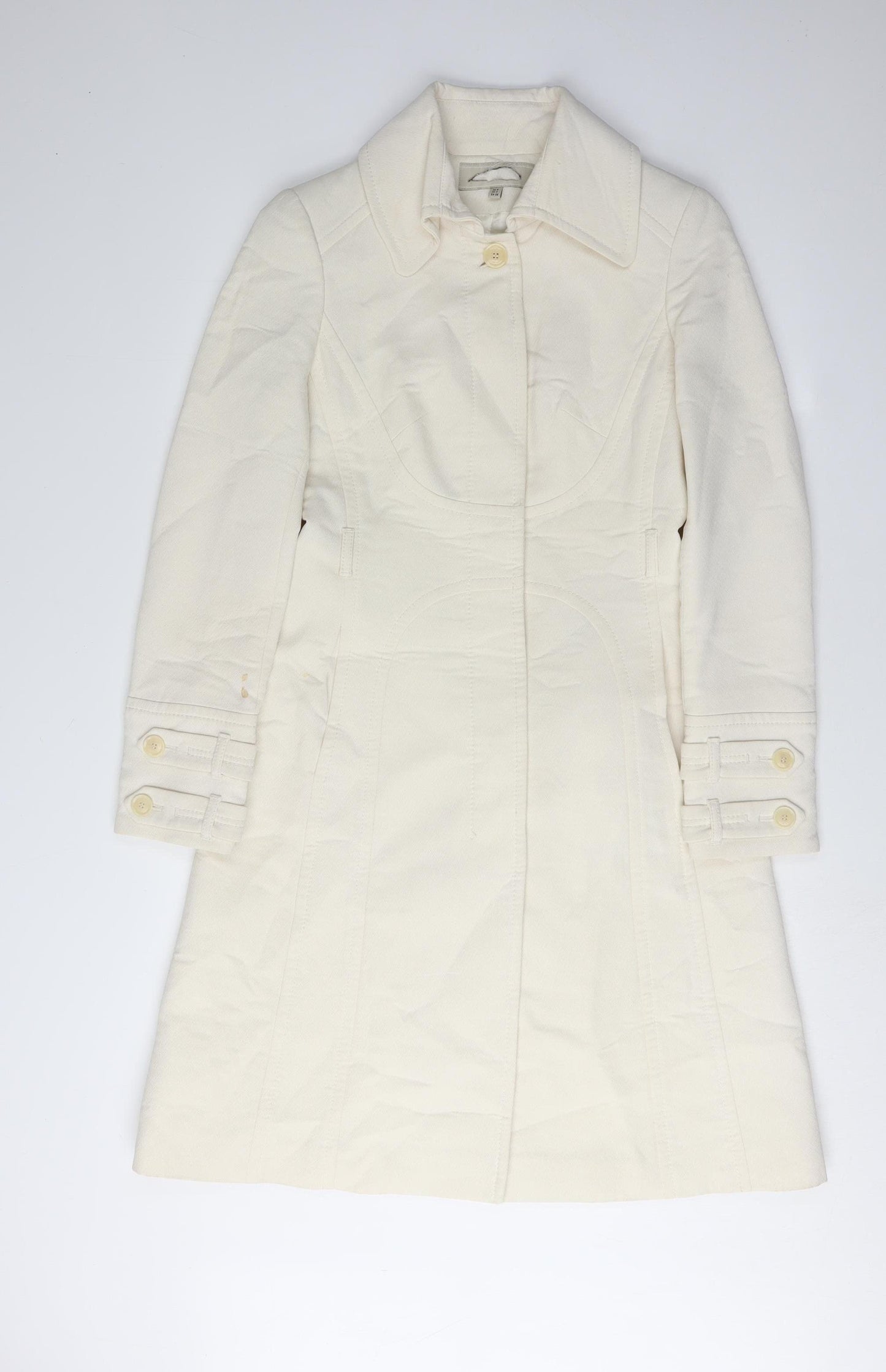 Karen Millen Women's Ivory Wool Coat Long Overcoat Size 8 - Elegant & Warm