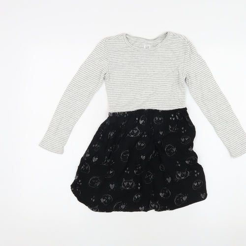 GAP Girls Grey & Black Striped Animal Cats Print Dress 6-7 Years
