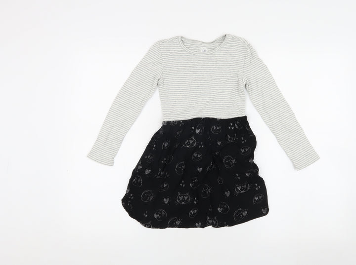 GAP Girls Grey & Black Striped Animal Cats Print Dress 6-7 Years