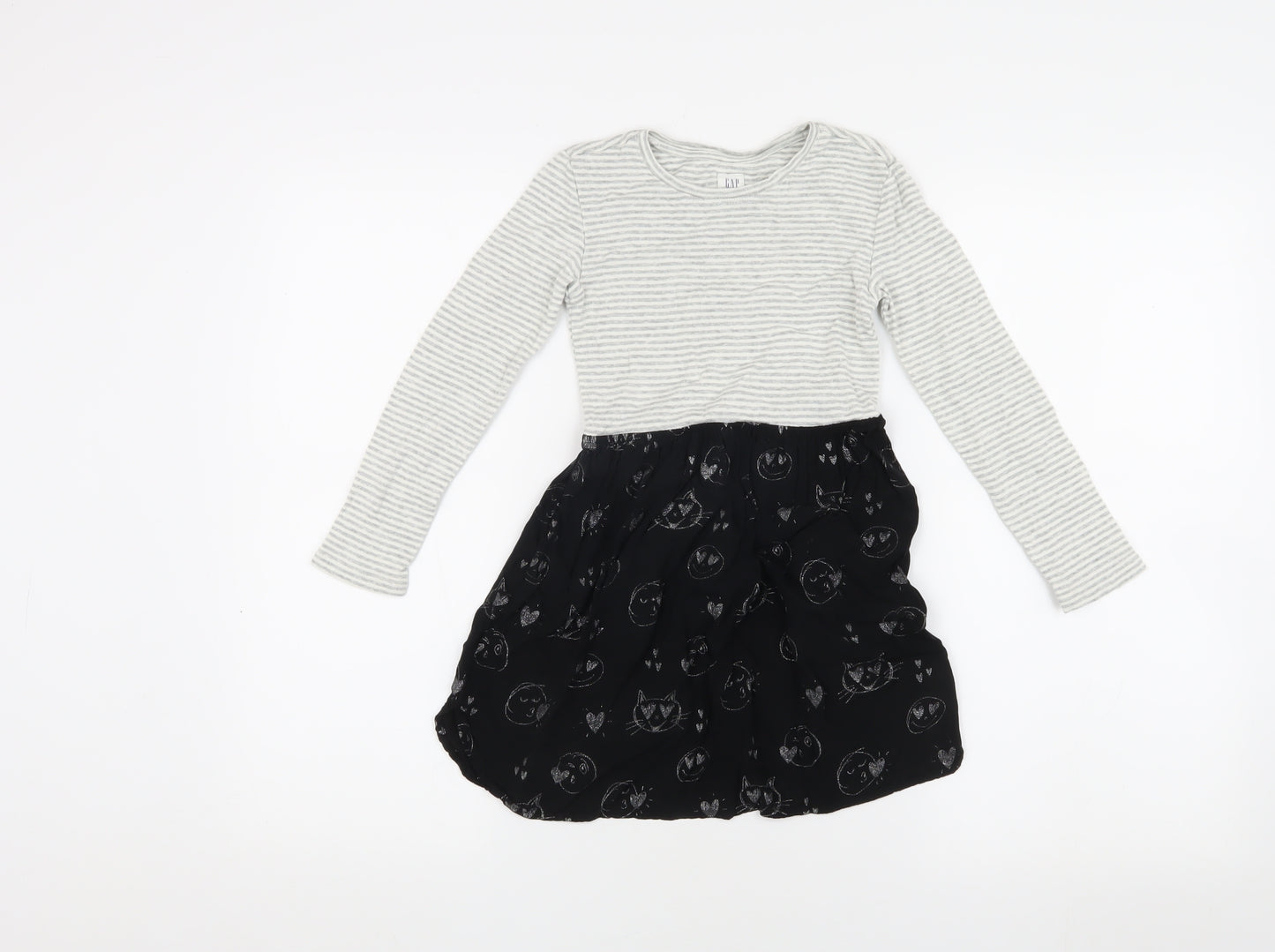 GAP Girls Grey & Black Striped Animal Cats Print Dress 6-7 Years