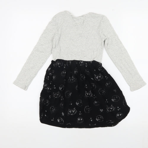 GAP Girls Grey & Black Striped Animal Cats Print Dress 6-7 Years