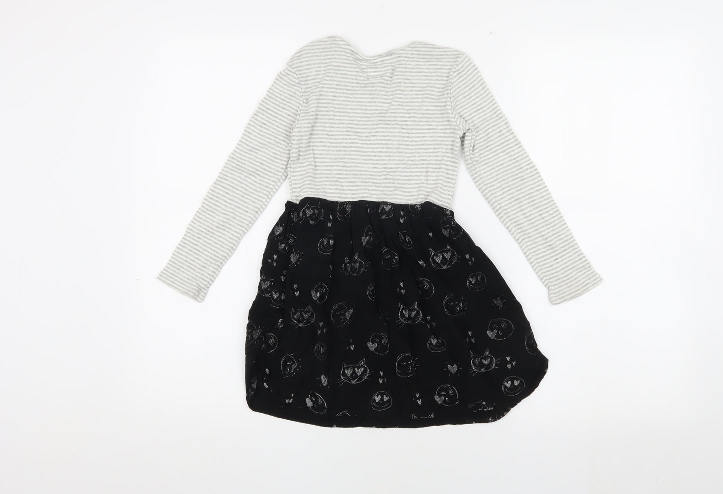 GAP Girls Grey & Black Striped Animal Cats Print Dress 6-7 Years