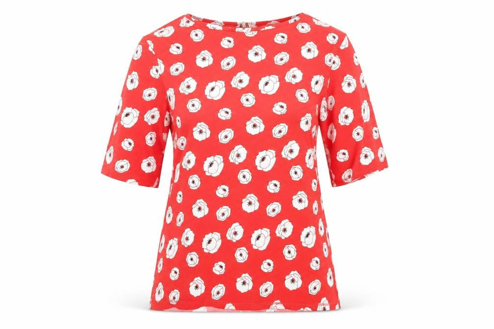 Front view of Cotton Traders Women's Red Floral T-Shirt, size 16