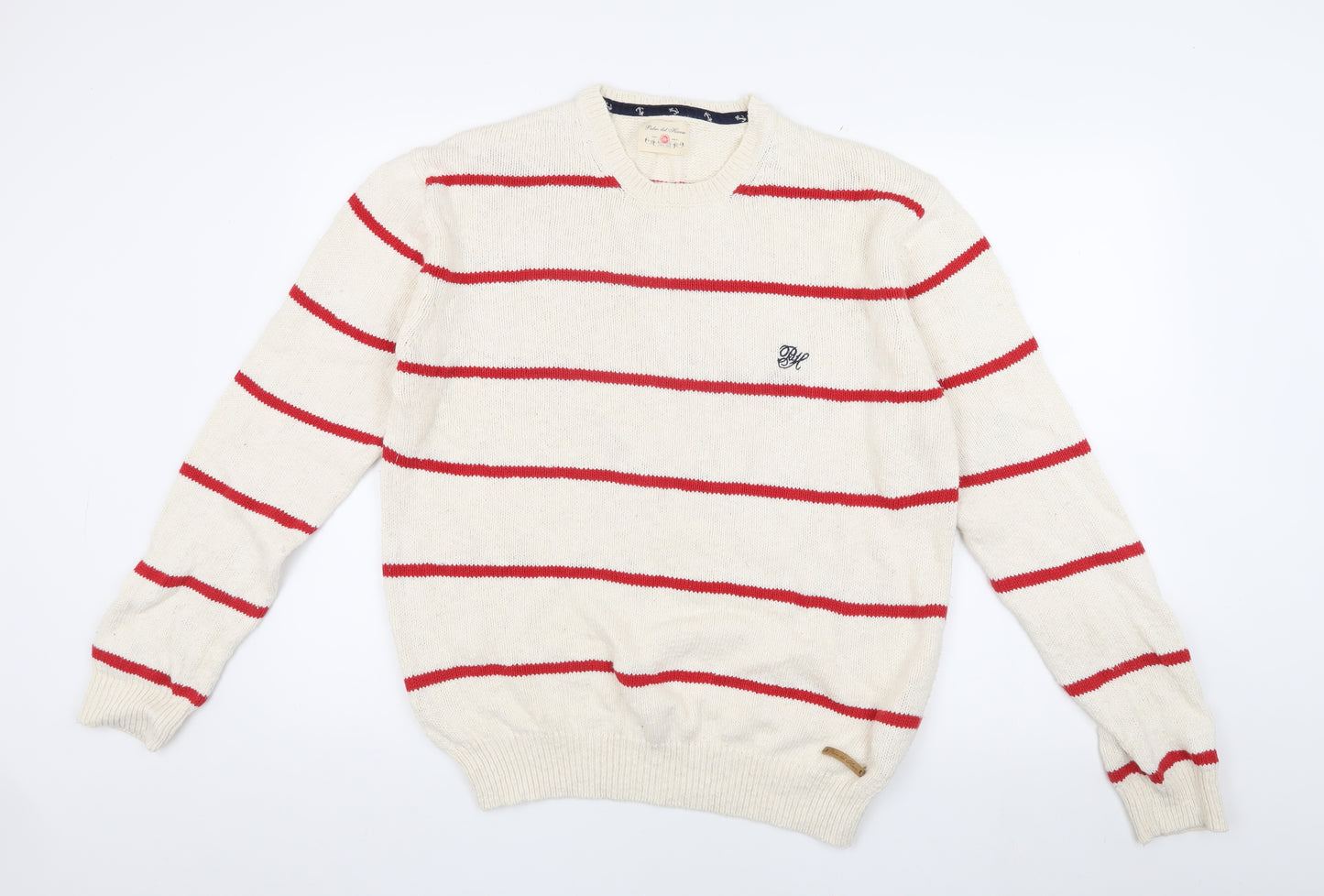 Pedro del Hierro Men's Ivory Striped Pullover Jumper, L