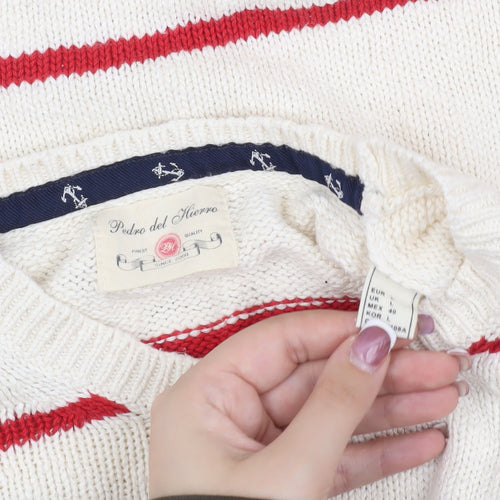 Pedro del Hierro Men's Ivory Striped Pullover Jumper, L