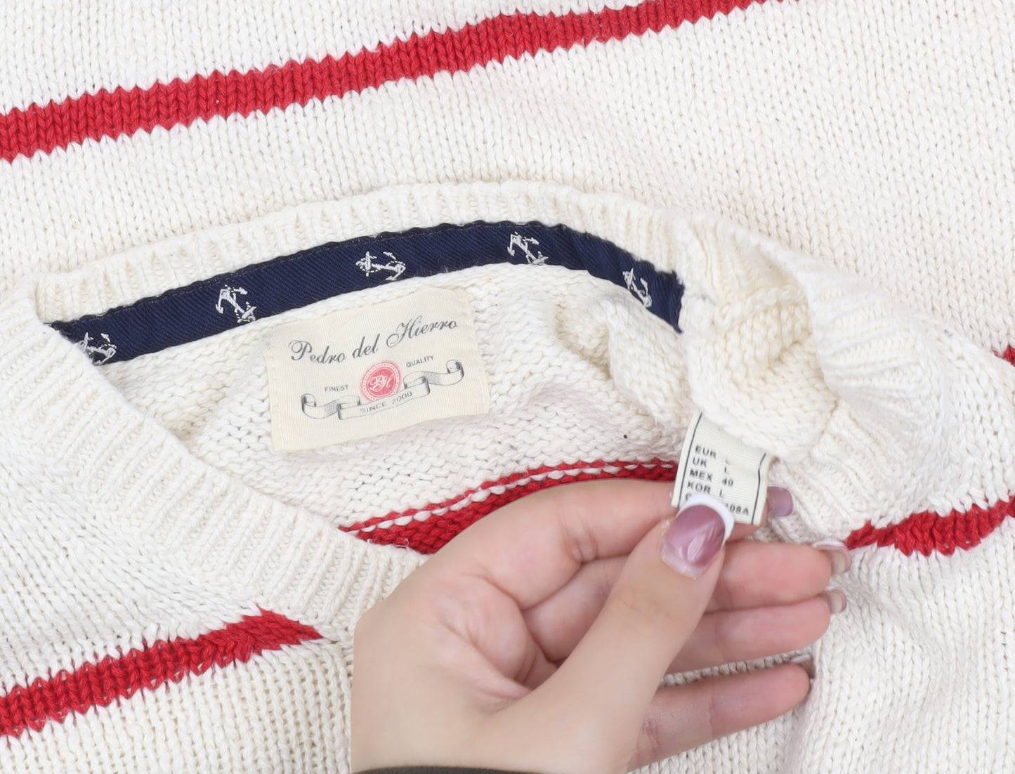 Pedro del Hierro Men's Ivory Striped Pullover Jumper, L