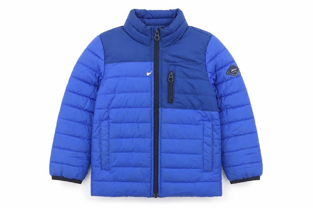 Front view of Joules boys’ blue puffer jacket 6 years winter zip pocket