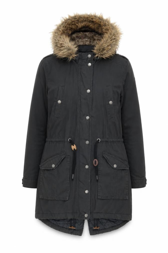 Front view of FatFace Women's Black Parka Coat, size 10