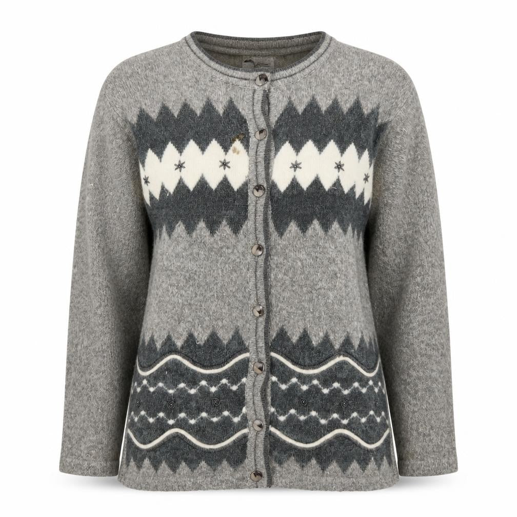 Front view of Casamia Women's Grey Argyle Cardigan One Size