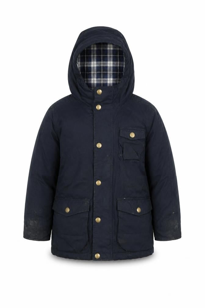 Front view of Next boys’ blue hooded jacket, size 5, years, lined