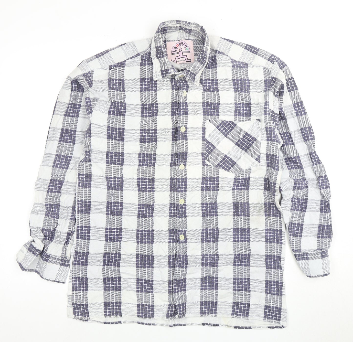 Leonardo Men's Blue Plaid Long Sleeve Shirt L