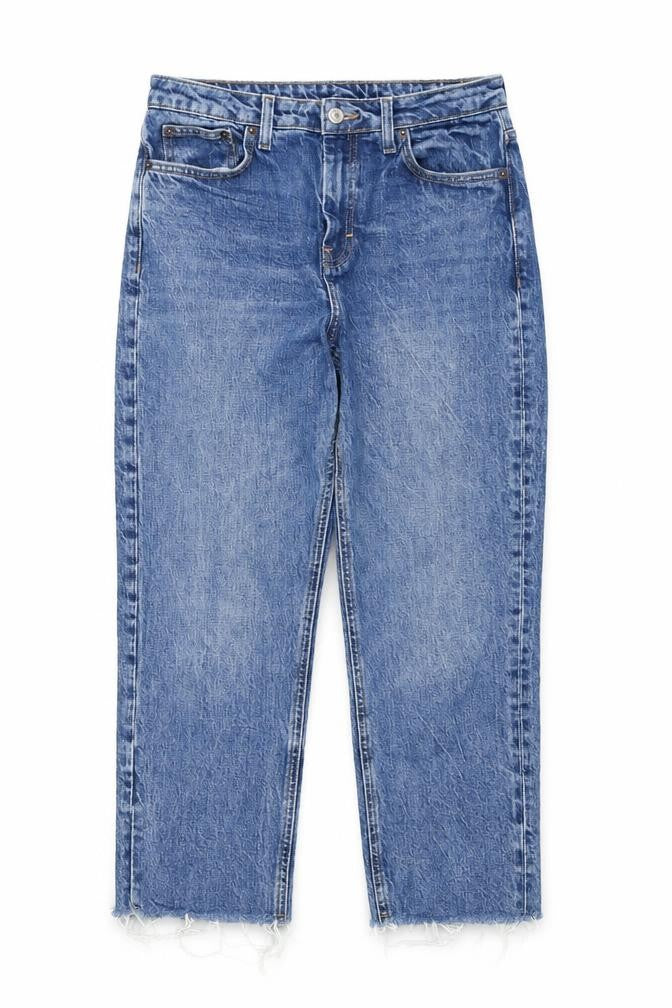Front view of Topshop women’s blue straight jeans, size UK 30, 5-pocket design