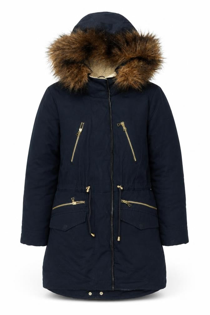 Front view of Warehouse Women's Blue Parka Coat -, size 10