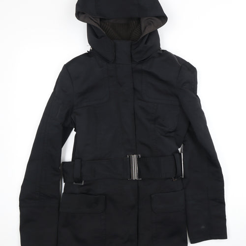 Zara Basic Women's Black Parka Size 10 Hooded Belted