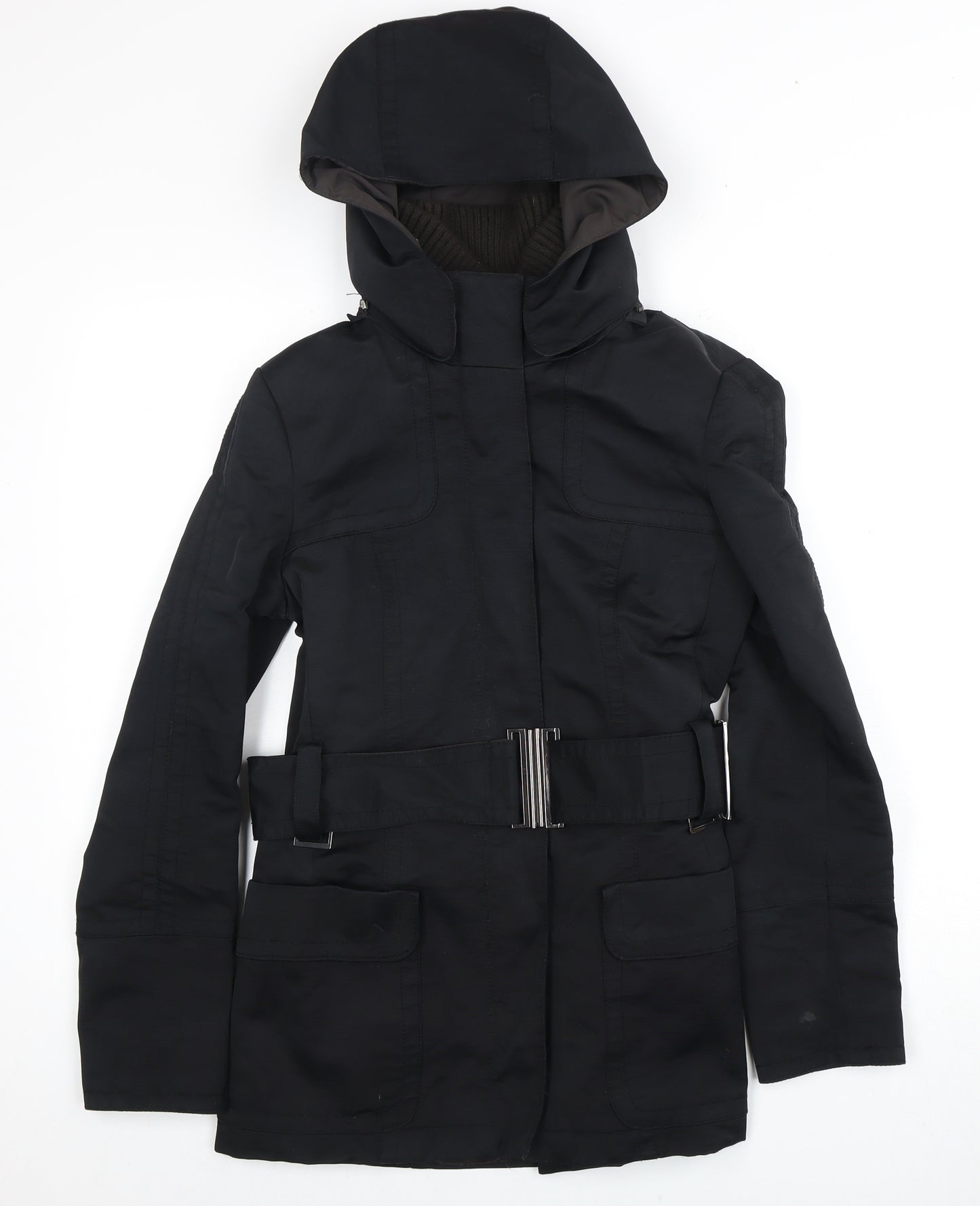 Zara Basic Women's Black Parka Size 10 Hooded Belted