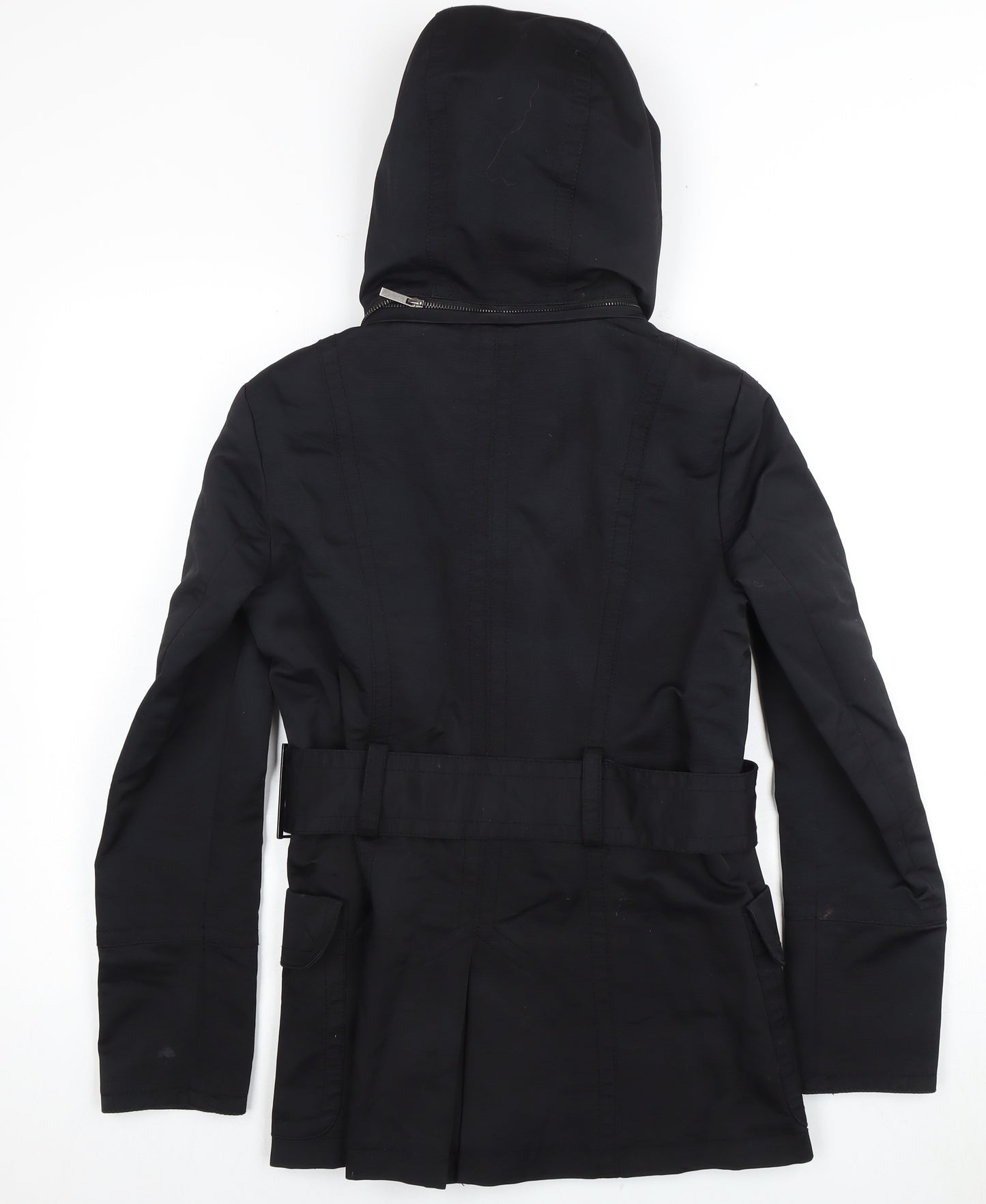 Zara Basic Women's Black Parka Size 10 Hooded Belted