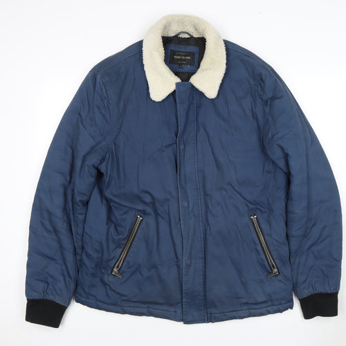 River Island Men's Blue Bomber Jacket L - Fur Trim & Zipped Pockets