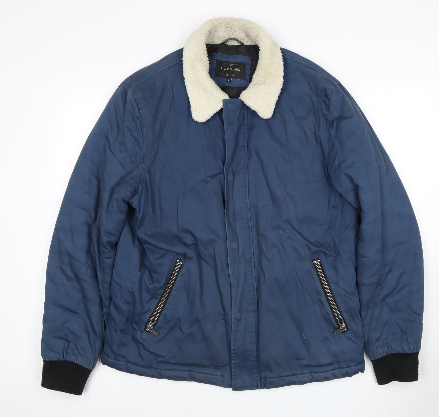 River Island Men's Blue Bomber Jacket L - Fur Trim & Zipped Pockets