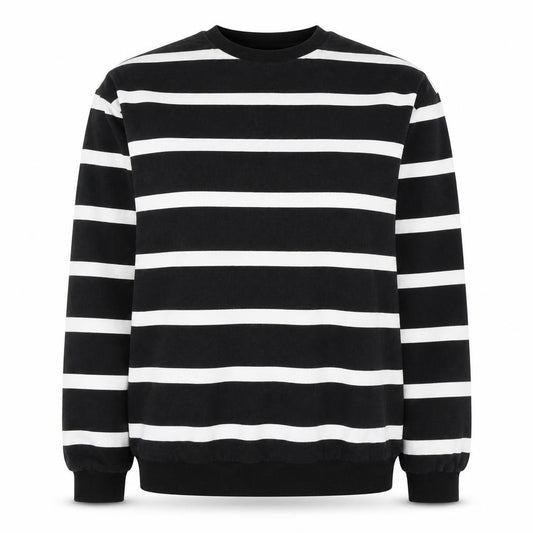 Front view of ASOS unisex black striped pullover sweatshirt, size 12