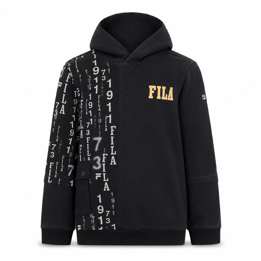 Front view of Fila boys’ black pullover hoodie, 12 years, graphic print
